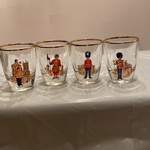 Vintage Queens Guards Shot Glasses Gold Rimmed set of four